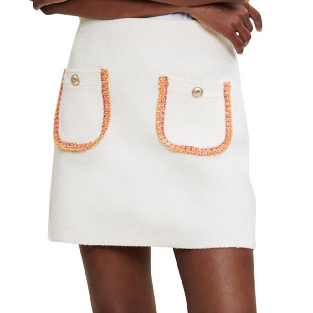 Maje White Tweed Skirt with Orange Accents